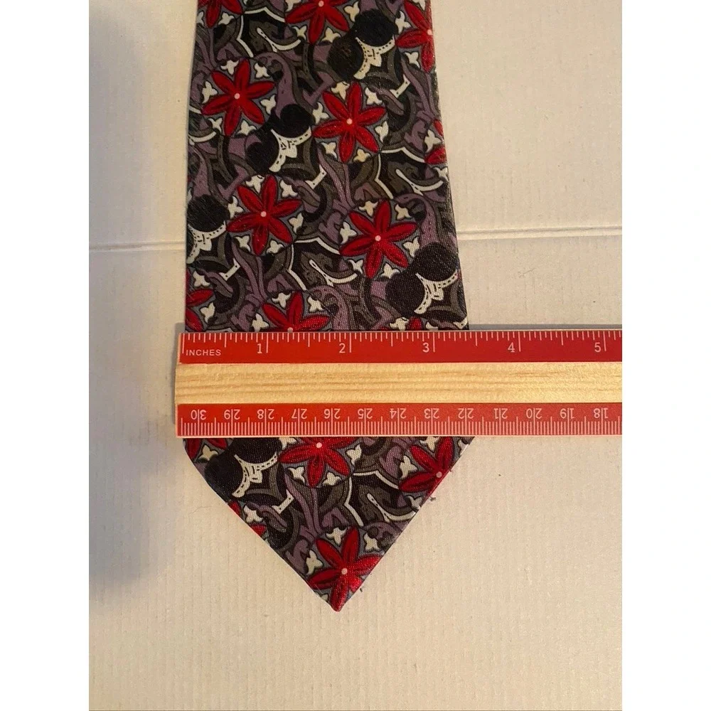 Gold City Handmade Silk Tie Red Grey Floral Geometric Abstract Pattern Necktie